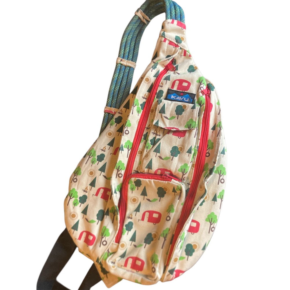 KAVU Rope Bag Sling Backpack Camping Print Canvas Crossbody Tan Red Green